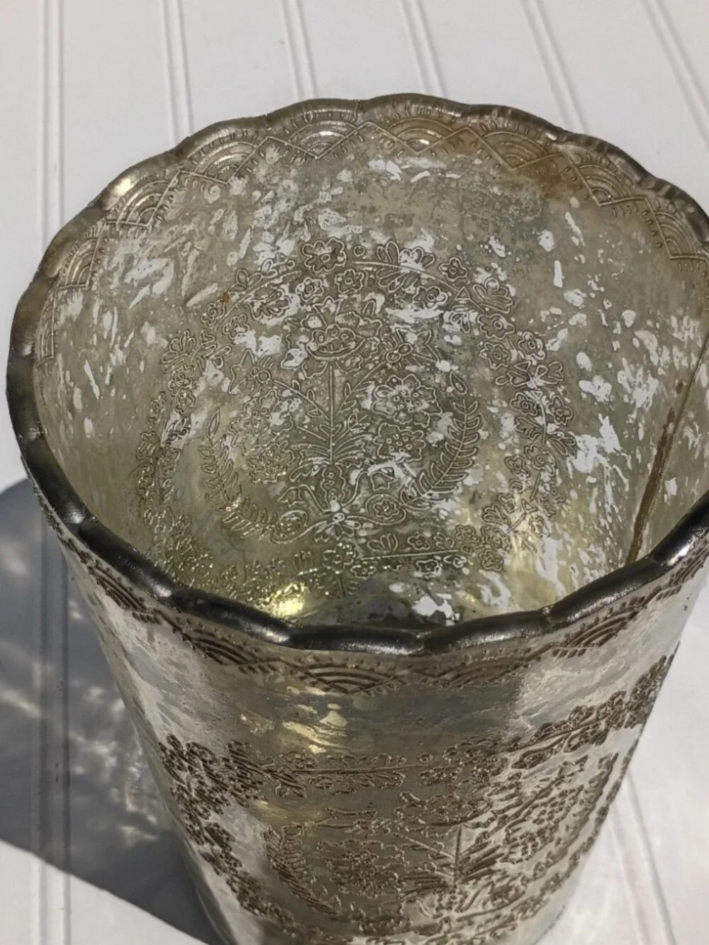 Vintage Glass Vase Floral Embossed Scalloped Rim Made in India Antique Style 7
